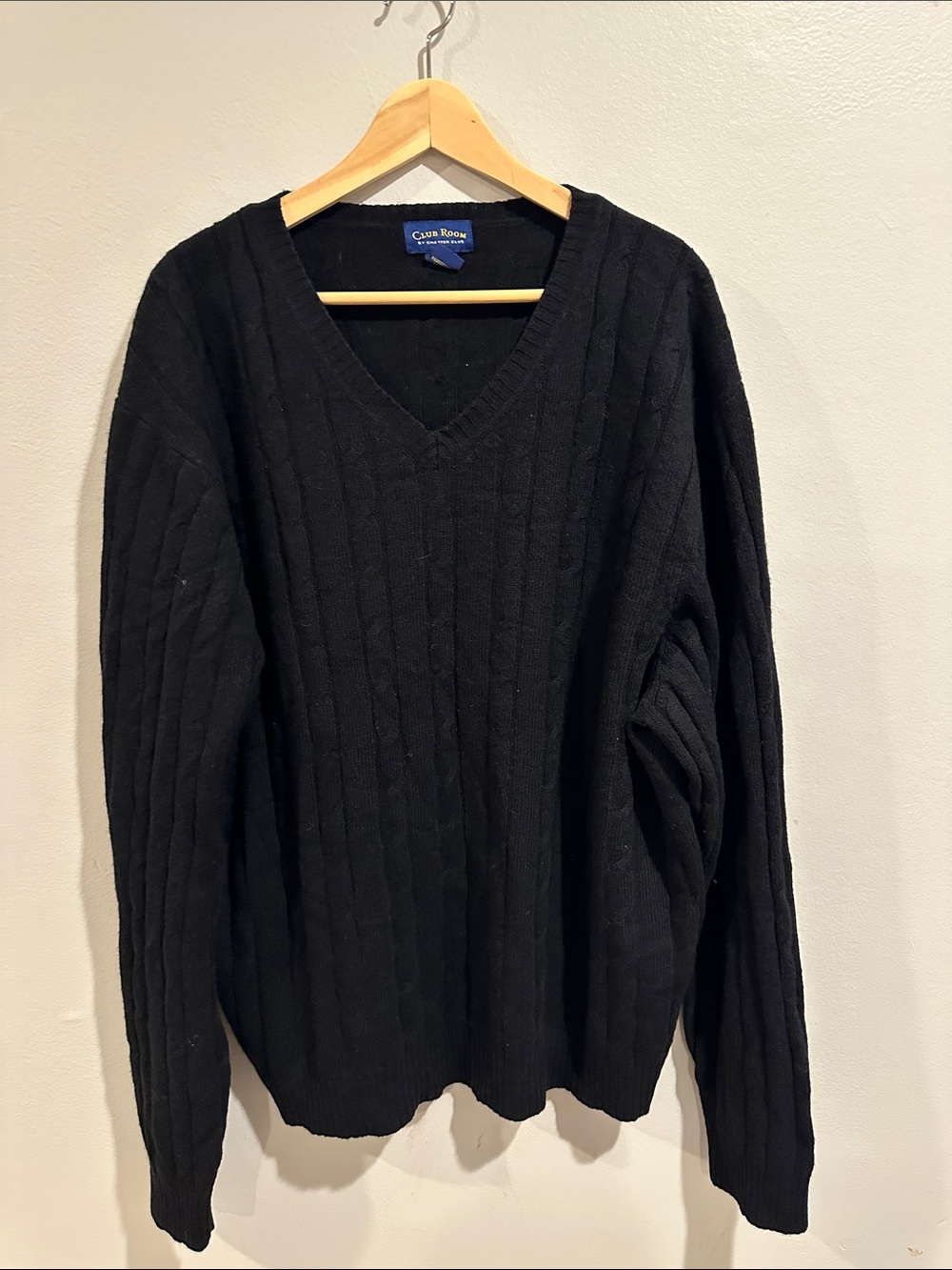 Club Room Black V-Neck Cable Sweater for Men 100% Lambs Wool